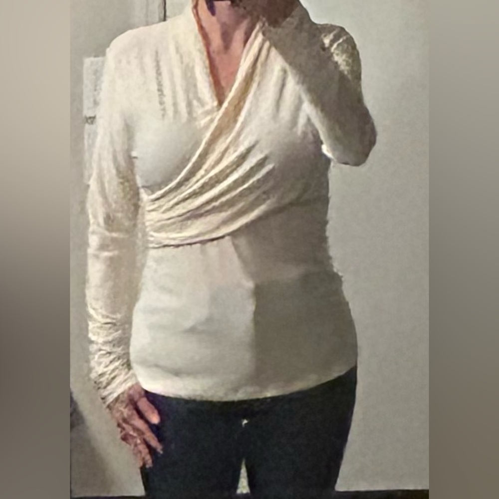 DKNY Matte Jersey Long Sleeve Faux-Wrap Blouse with Draped Neckline in Ivory